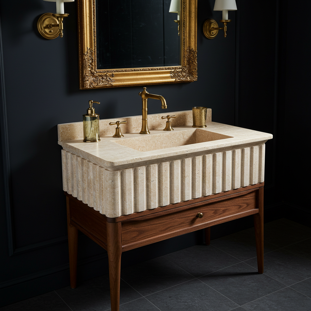 beveled edge fluted travertine sink