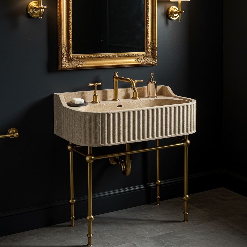 curved edge fluted travertine sink