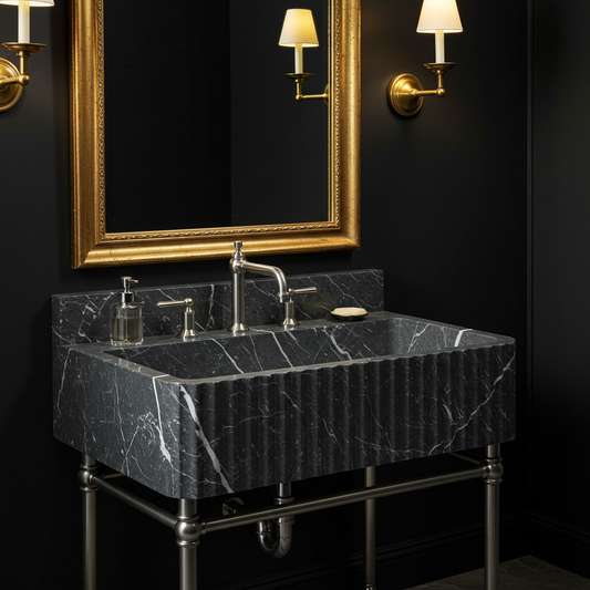 dark veined marble fluted sink