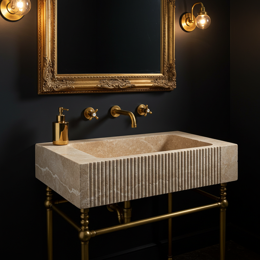deep rectangular fluted travertine sink
