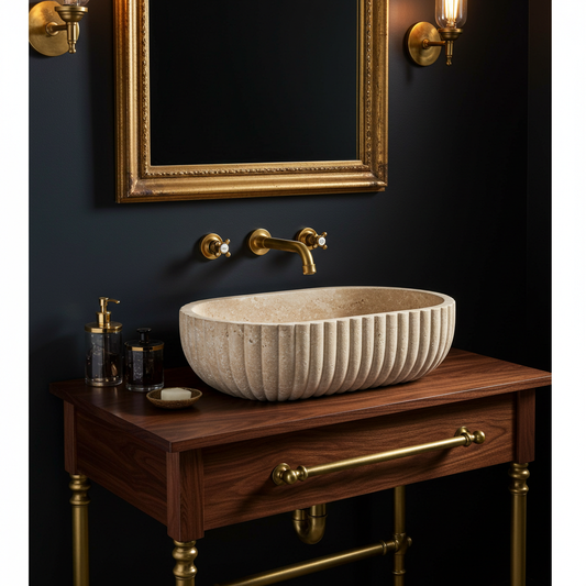 long oval fluted travertine sink
