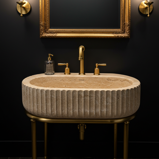 shallow oval fluted travertine sink