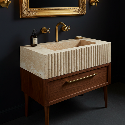 single drawer fluted travertine sink