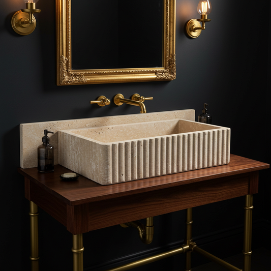 straight edge fluted travertine sink