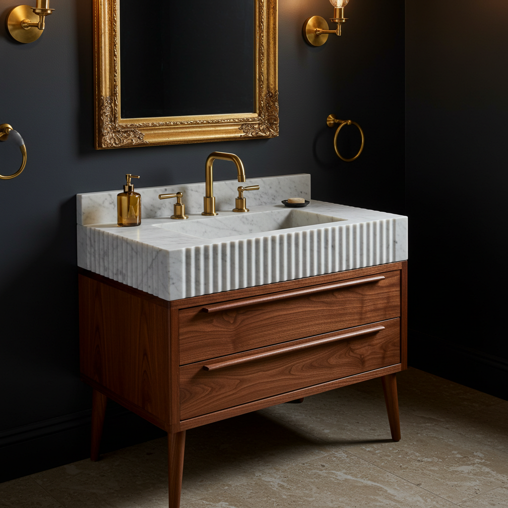 veined white marble fluted sink