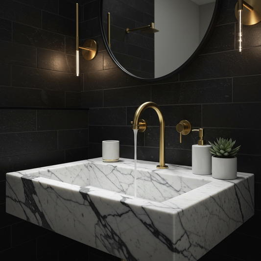 veined white marble fluted sink