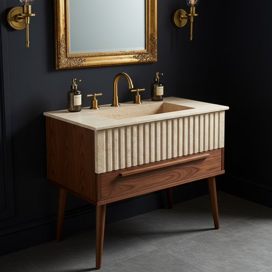 wood base fluted travertine sink